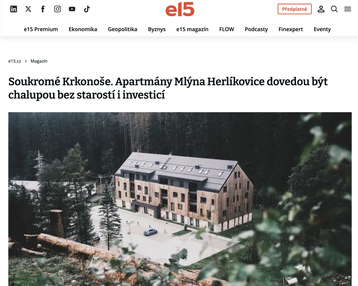 Výstup v médiu: E15 Magazín, Soukromé Krkonoše. Apartmány Mlýna Herlíkovice dovedou být chalupou bez starostí i investic