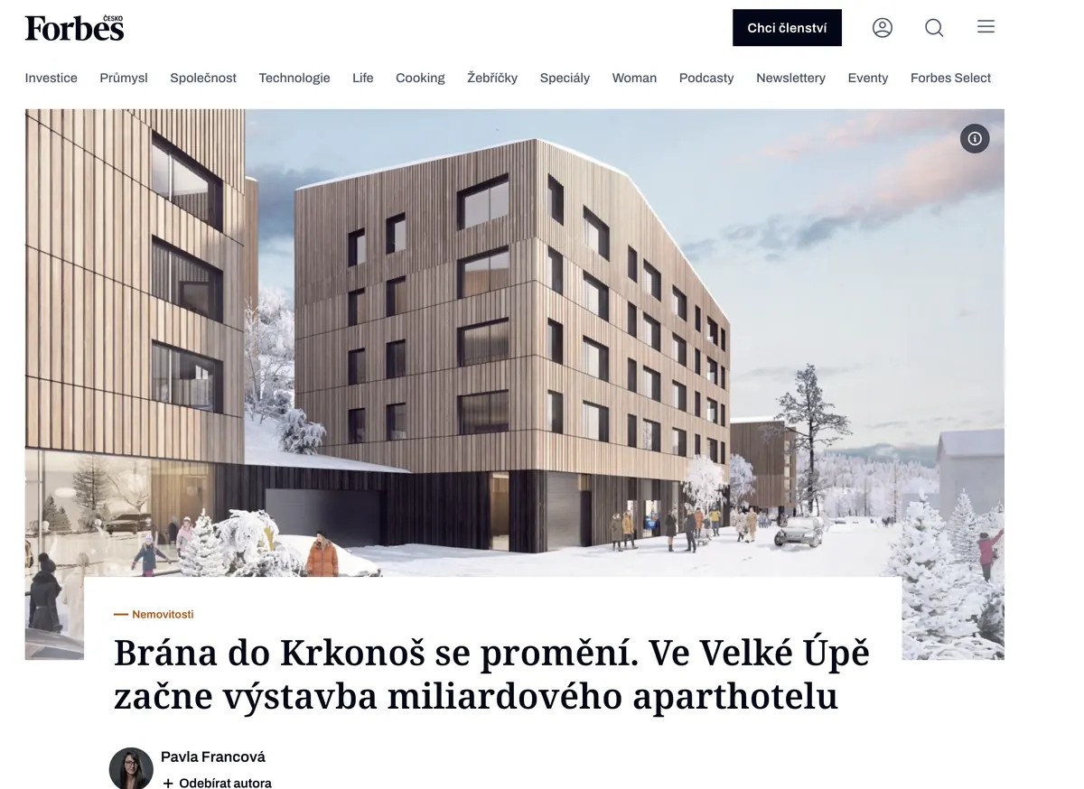 Výstup v médiu: Forbes, Brána do Krkonoš se promění. Ve Velké Úpě začne výstavba miliardového aparthotelu