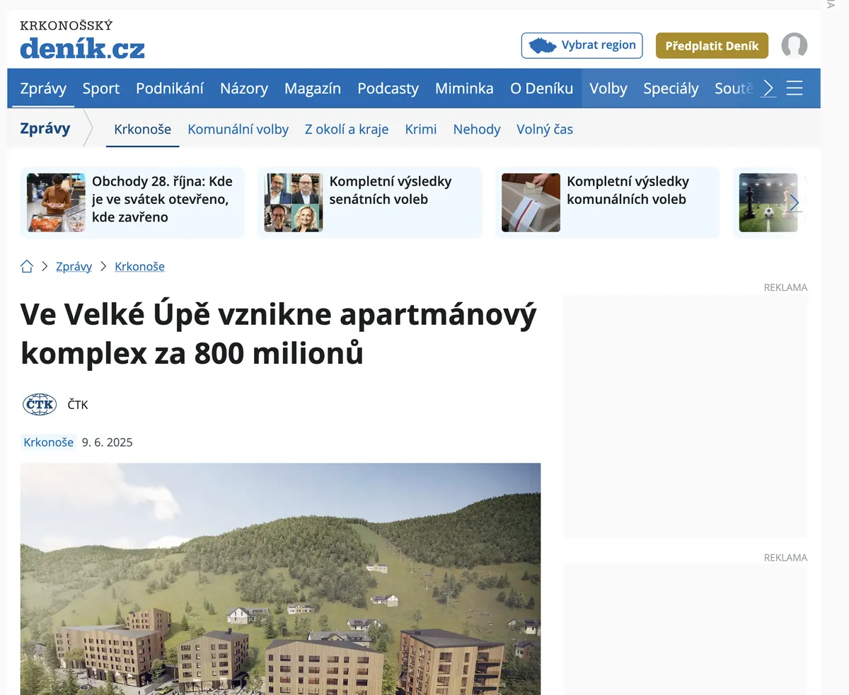 Výstup v médiu: Krkonošský deník · 2025, Ve Velké Úpě vznikne apartmánový komplex za 800 milionů