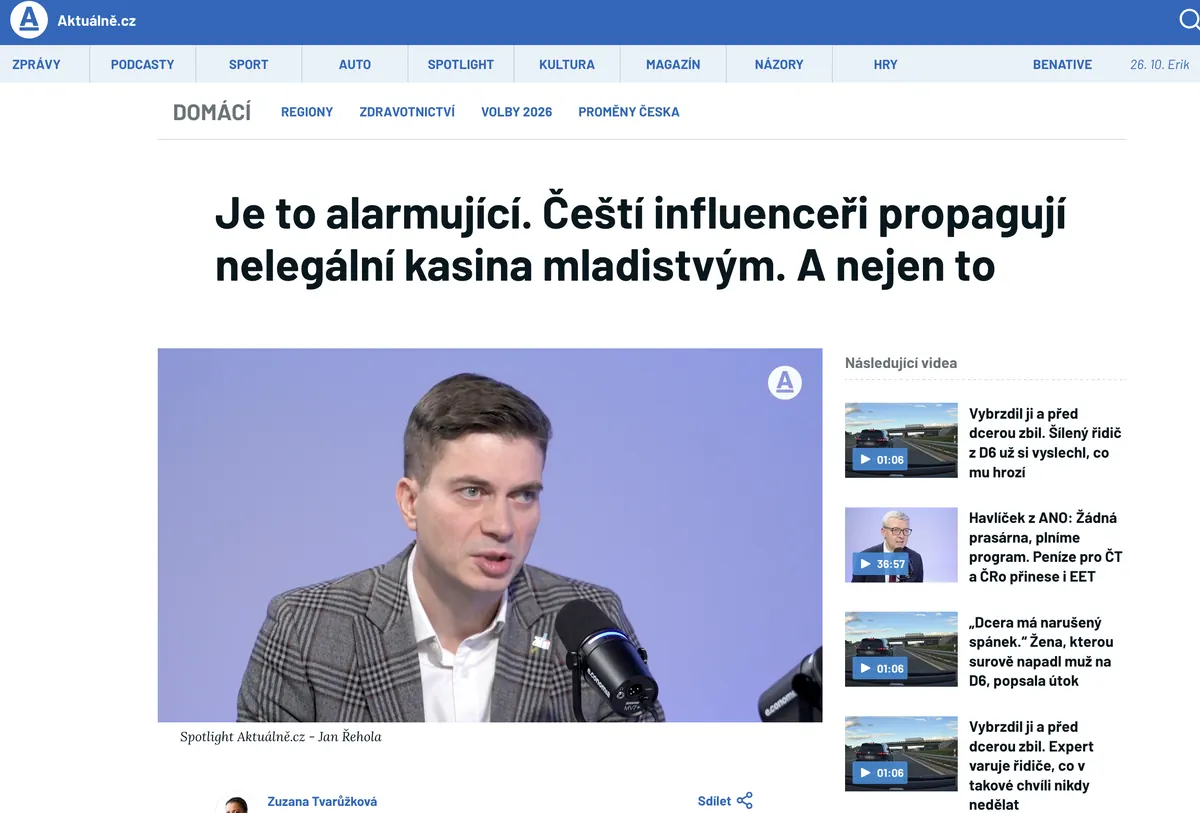 Výstup v médiu: Aktuálně.cz, Čeští influenceři propagují nelegální kasina mladistvým