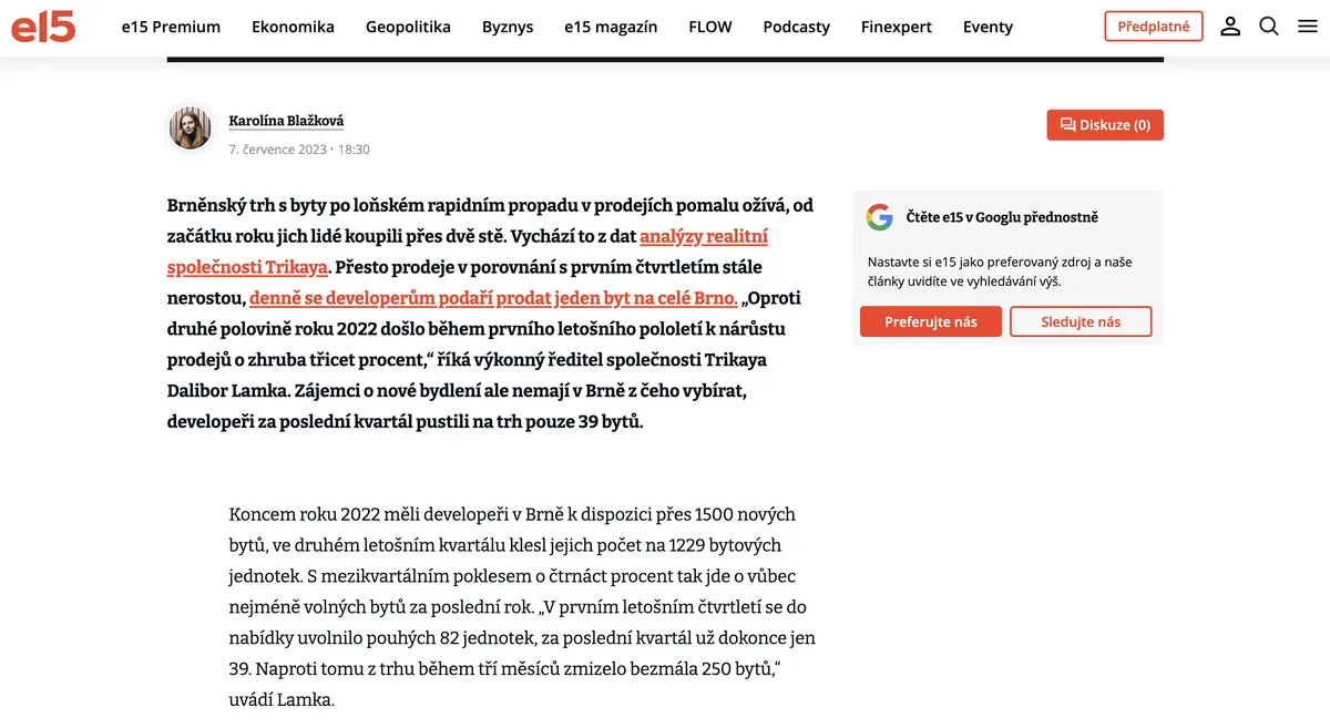 Výstup v médiu: E15 · 2023, Oživení brněnského trhu s byty podle dat Trikayi