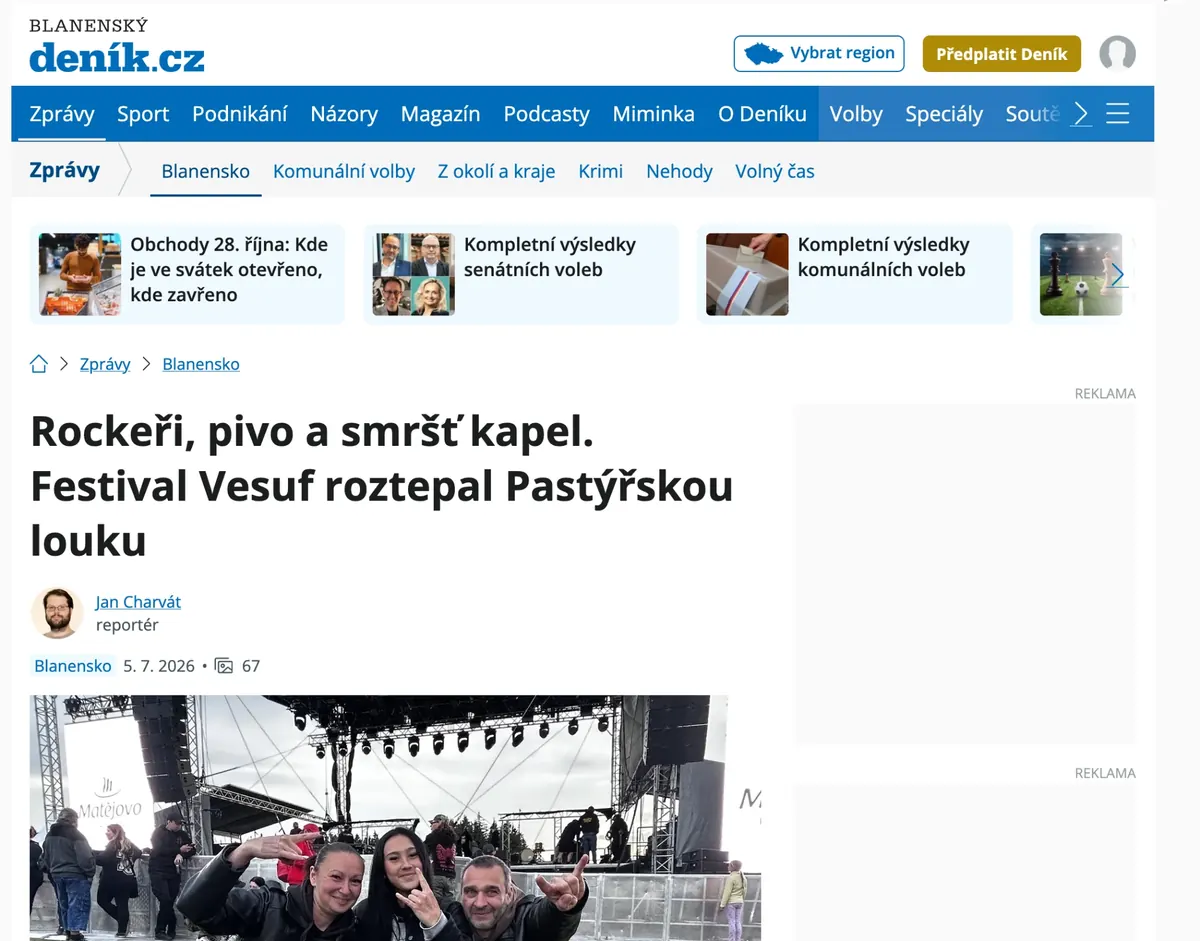 Výstup v médiu: Blanenský deník · 2026, Rockeři, pivo a smršť kapel. Festival Vesuf roztepal Pastýřskou louku